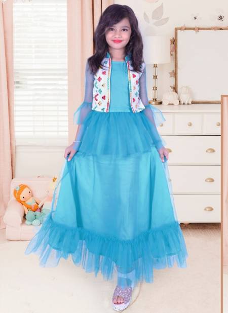 Sea Green Colour New Fancy Designer Festive Wear cotton Mirror work Kids Gown Collection HOOLLI 05